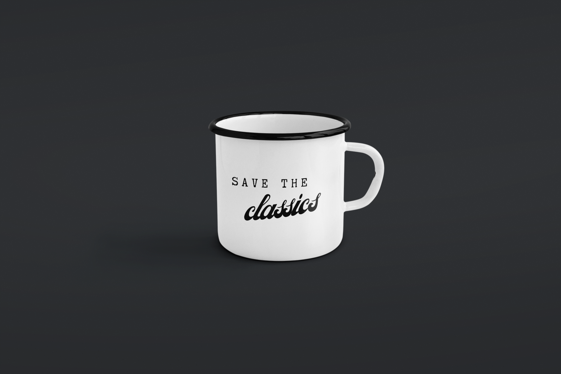  Emaille Tasse "Save the Classics" Version 1